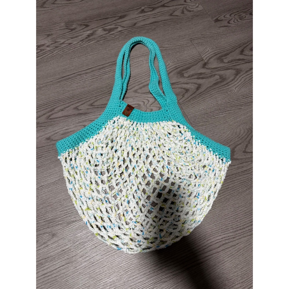 Dao Handmade‎ Crochet Tote Bag Turquoise White Speckled Beach Market Bag